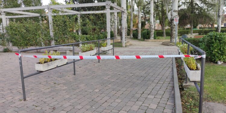 Los Bomberos acordonan el parque de Los Jardines en Peñaranda tras el desprendimiento de varias ramas