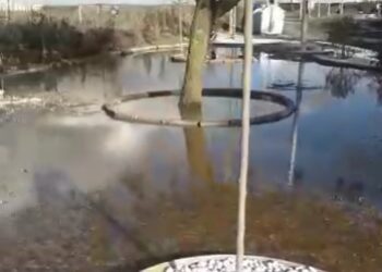 Moríñigo sufre las consecuencias de un reventón en un ramal de riego y el agua inunda uno de los parques