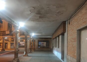 Nuevos desprendimientos obligan a acordonar los soportales bajo el Palacio de los Condes en la plaza de Peñaranda