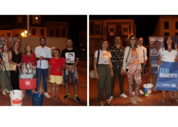 PSOE y PP protagonizan en Peñaranda la tradicional pegada de carteles con la que arranca la campaña electoral del 23J