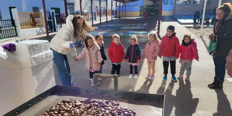 Los escolares del colegio Filiberto Villalobos de Babilafuente disfrutan de la castañada y chocolatada organizadas por la Ampa