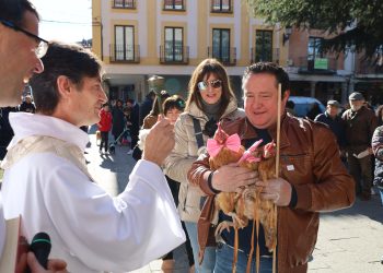 La bendición de los animales congrega en Peñaranda a perros, gatos, pájaros y hasta dos gallinas ataviadas con lazos rosas