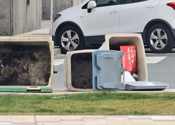 Las fuertes rachas de viento obligan a restringir el acceso a Los Jardines y dejan contenedores por el suelo en Peñaranda