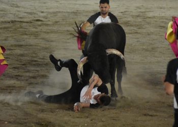 El recortador peñarandino Sergio García sufre una aparatosa cogida en Santa Marta de Tormes durante el «Charro de Oro»