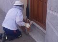 Bomberos del parque comarcal de Peñaranda retiran un enjambre de abejas posado en la puerta de una vivienda en Macotera