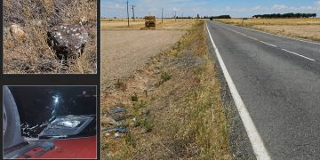Piedras de gran tamaño en la carretera de Aldeaseca colocadas de forma intencionada provocan un accidente con daños a un turismo